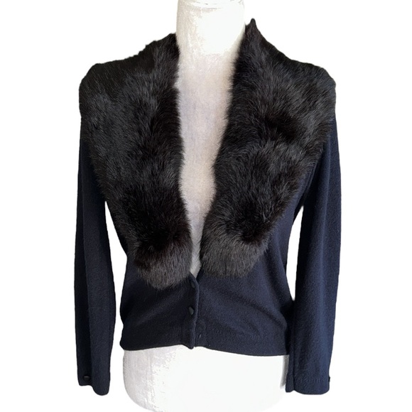 Vintage City Fur Company Black Genuine Fur Collared Cropped Knit Cardigan - M - Picture 1 of 14